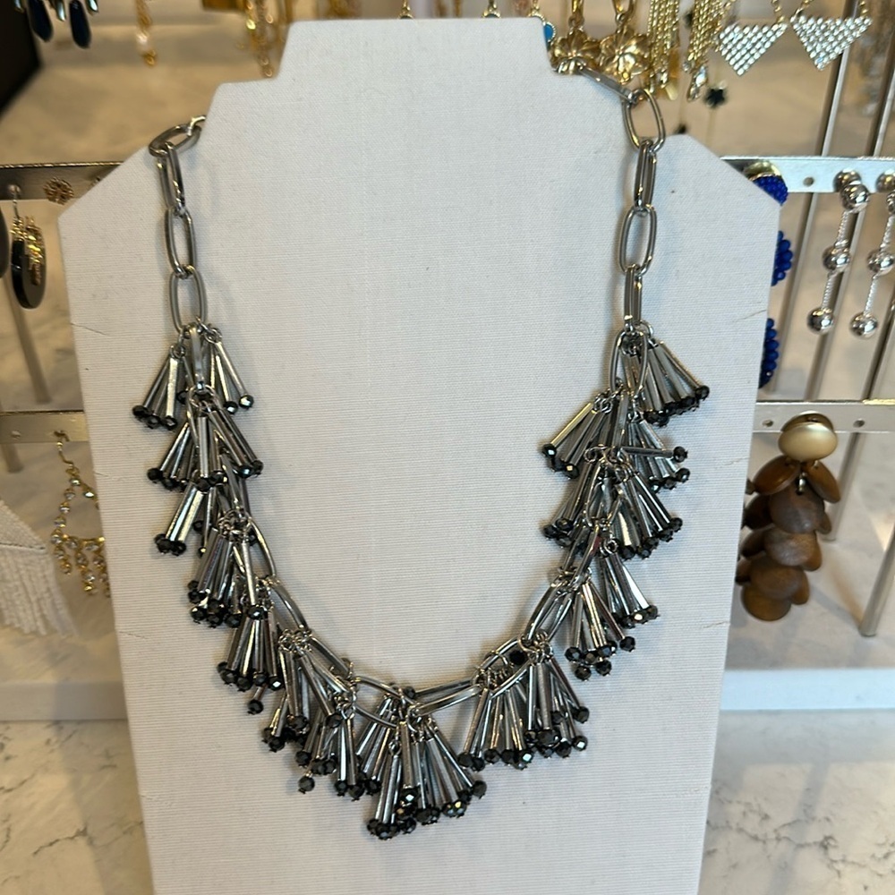 The Limited silver tone dangling metal with black stones costume necklace